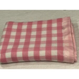 Vintage Stevens Utica Plaid Acrylic Blanket Pink/White Nylon Edge Gingham READ